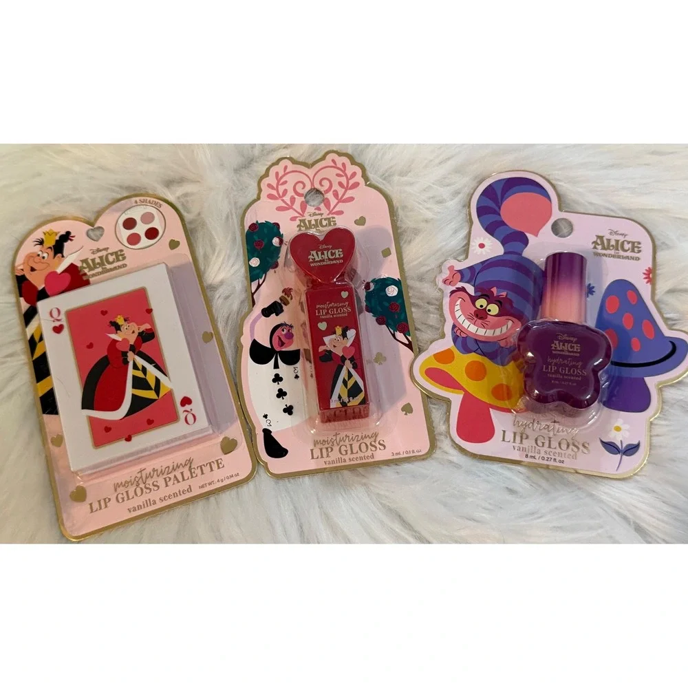 Disney Alice in Wonderland Lip Gloss Set Queen of Hearts Cheshire Cat 3pc NEW